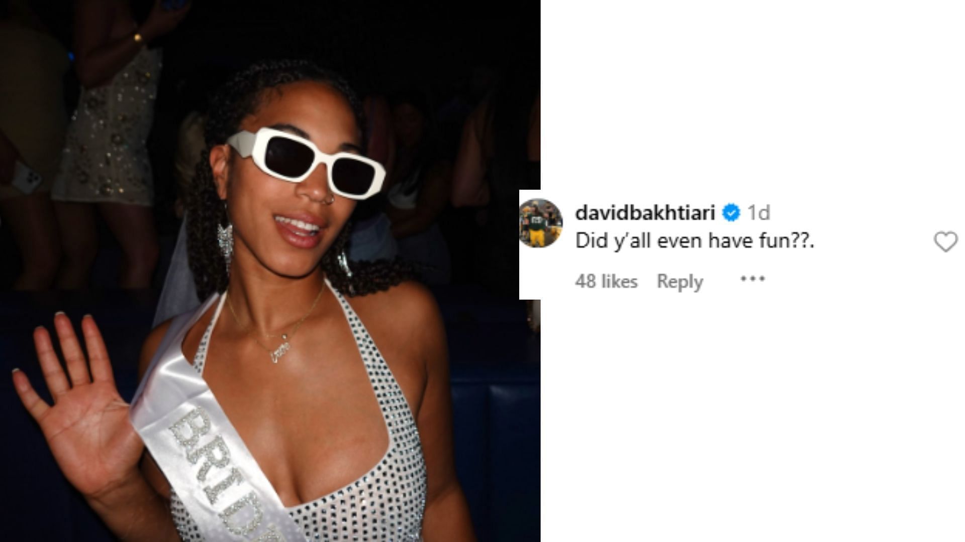 David Bakhtiari shared a comment on Ronika Stone's Bachelorette festivities. (Photo and comment via Ronika Stone's Instagram post)